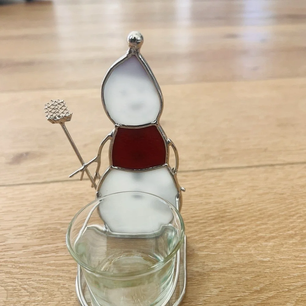 Vintage Snowman Leaded Stained‎ Glass Table Top Votive Candle Holder